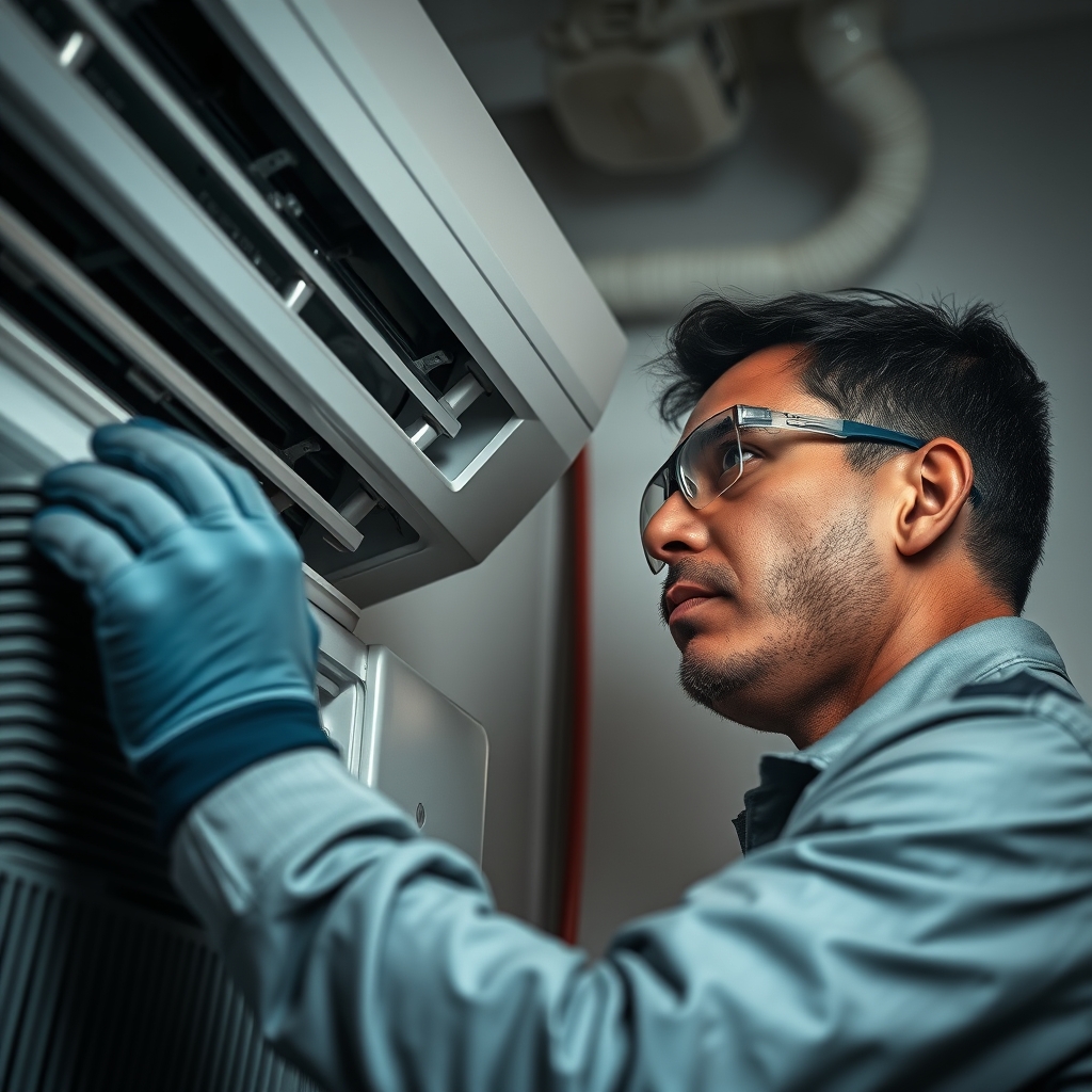 técnico brasileiro com óculos e luva trabalhando em um ar-condicionado split, split não gela ventilador funciona